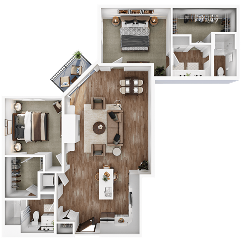 Floor plan for 2 beds, 2 baths, 1305 sqft